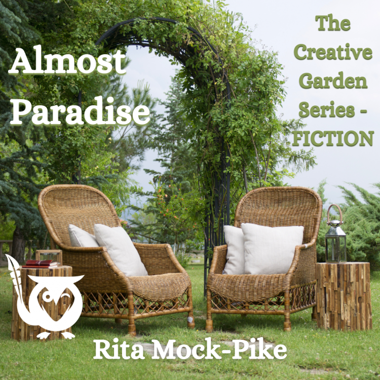 Almost Paradise short story cover - garden with two comfy chairs and stools perched with books and lantern